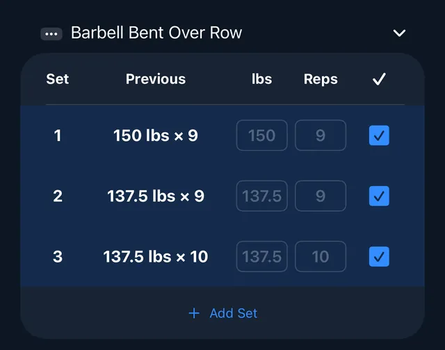 Barbell Bent Over Row: three checked-off sets, each beside last session's weight and reps