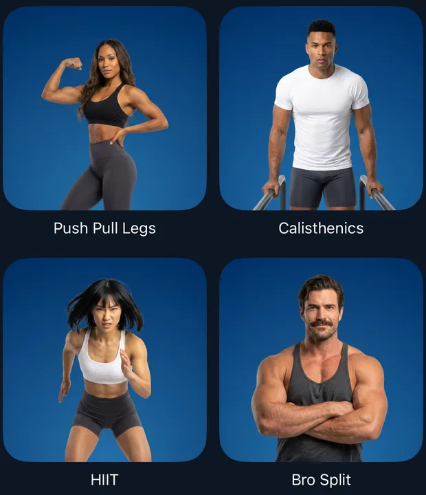 Workout Library programs: Push Pull Legs, Calisthenics, HIIT, and Bro Split