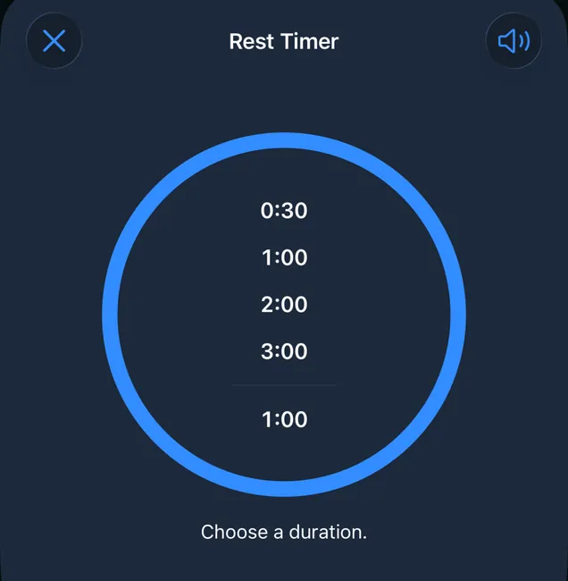 Rest Timer with durations from 0:30 to 3:00